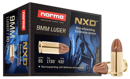 Norma Self Defense Pistol Ammunition 611140020, 9mm Luger, Injection Molded Copper Projectile, 65 gr, 1730 fps, 20 Rd/Bx