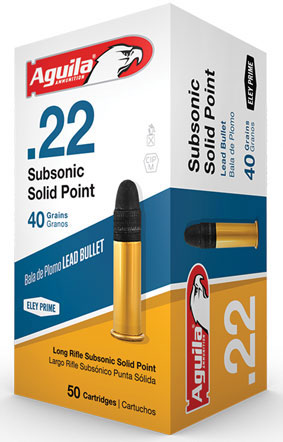 Aguila Subsonic Rifle Ammunition 1B222269, 22 Long Rifle, Round Nose (RN), 40 GR, 1025 fps, 50 Rd/bx