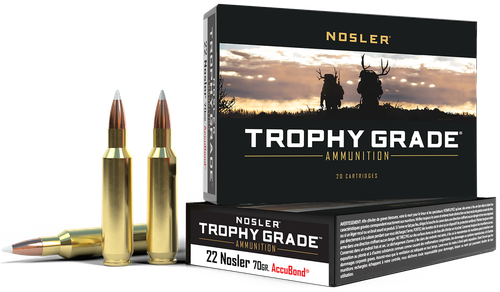 Nosler Trophy Grade Rifle Ammunition 60918, 22 Nosler, AccuBond, 70 GR, 3350 fps, 20 Rd/Bx