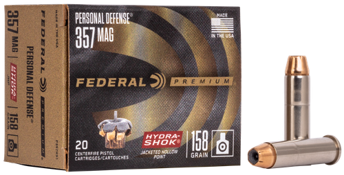 Federal Premium Vital-Shok Pistol Ammunition P357HS1, 357 Magnum, Hydra-Shok JHP (JHP), 158 GR, 1240 fps, 20 Rd/bx