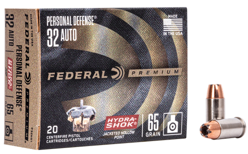 Federal Premium Vital-Shok Pistol Ammunition P32HS1, 32 ACP, Hydra-Shok JHP (JHP), 65 GR, 950 fps, 20 Rd/bx
