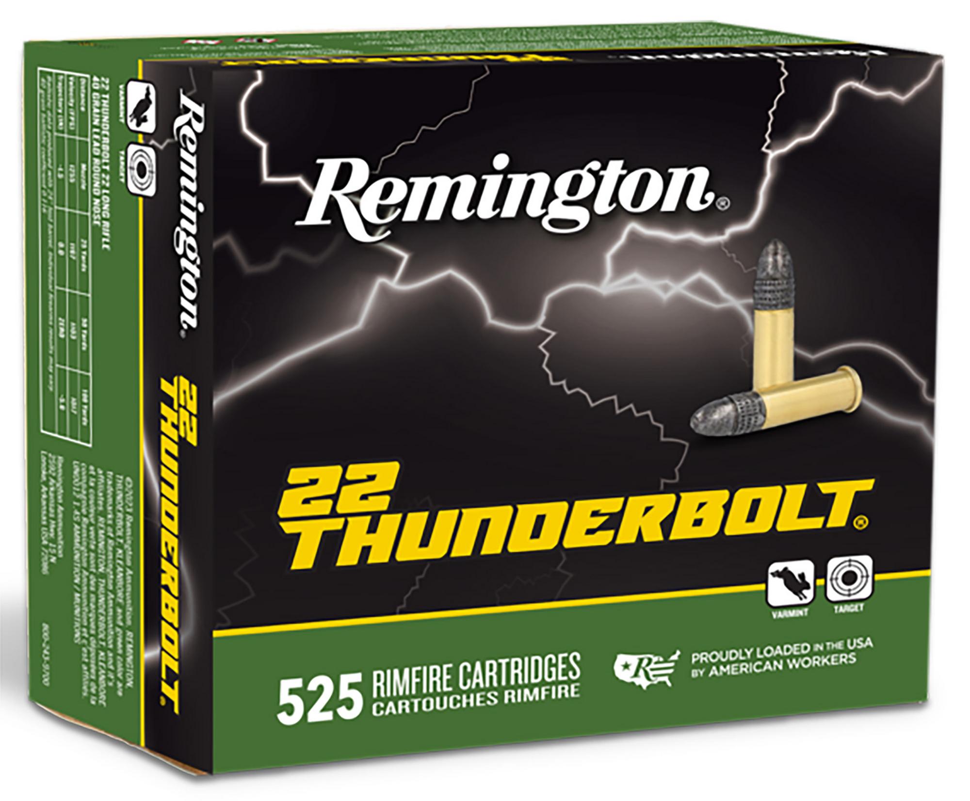 Remington Thunderbolt Rimfire Ammunition R21271, 22 LR, Lead Round Nose, 40 gr, 1255 fps, 525 Rds/Bx