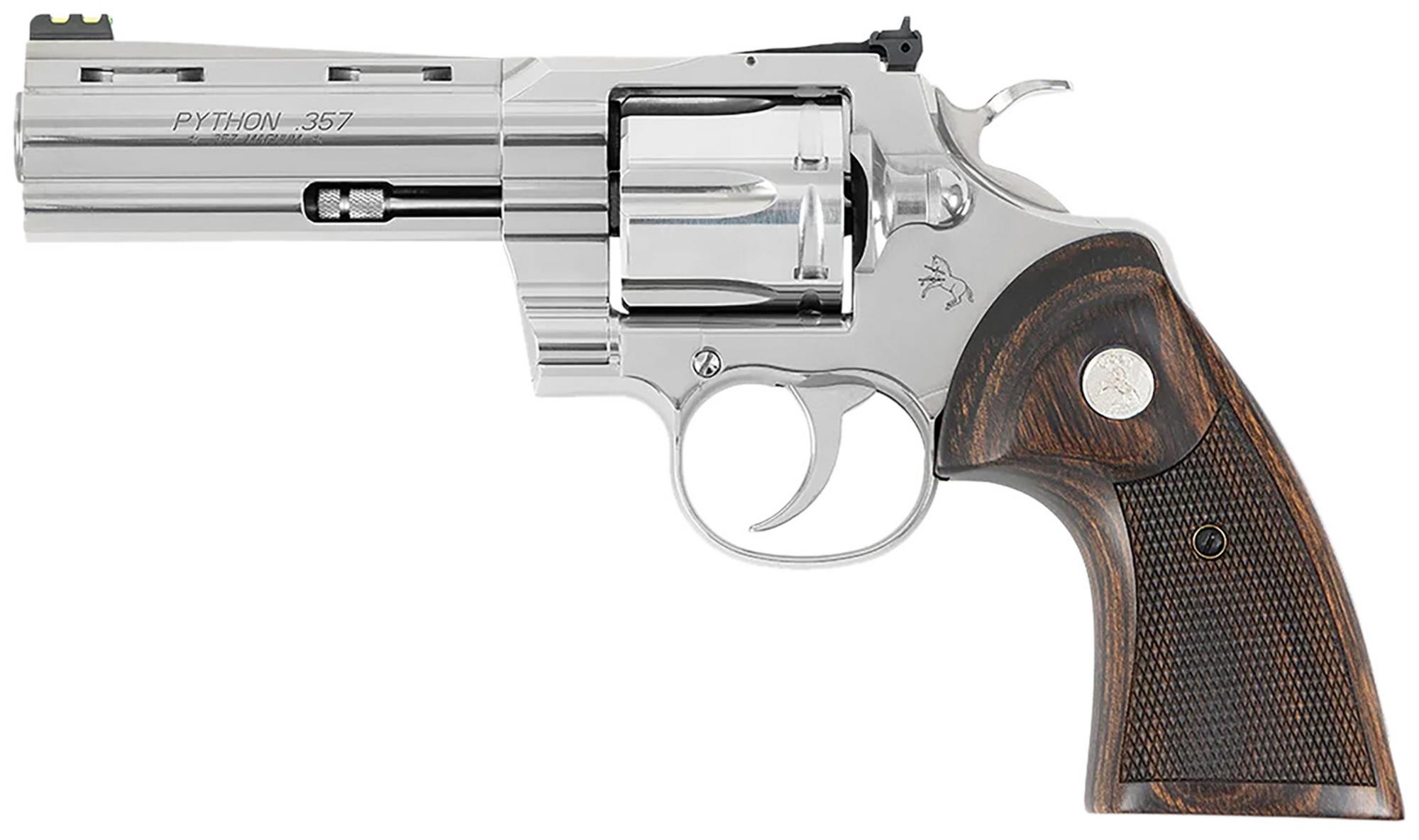 Colt Python Revolver, PYTHONSP4WFT, 357 Mag, 4.25", Walnut Target Grips, Stainless Steel  Finish, 6rd