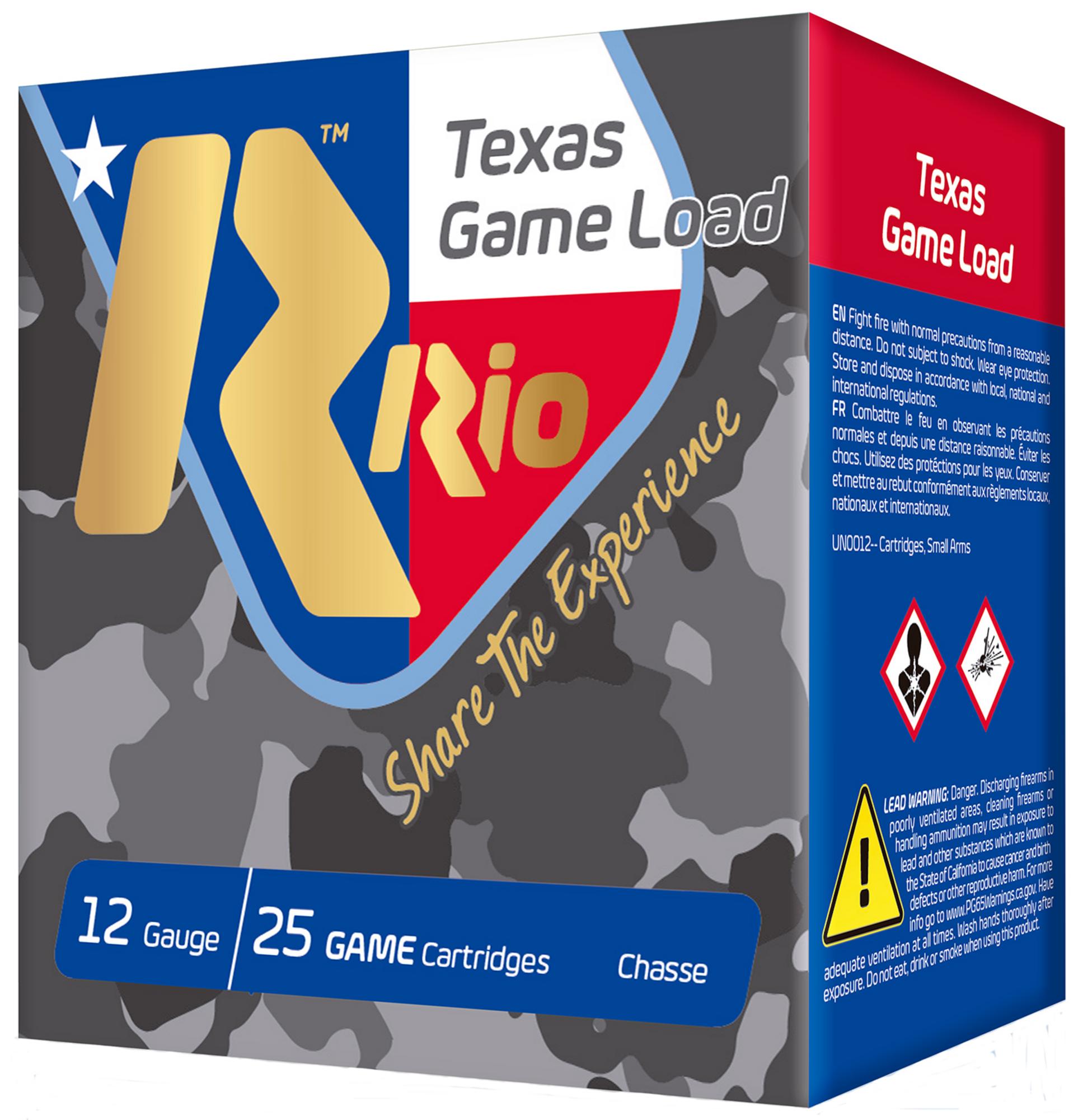Rio Top Game Texas Game Load Shotshells TG368TX, 12 Gauge, 2-3/4", 1 1/4 oz, 1250 fps, #8 Lead Shot, 25 Rds/box