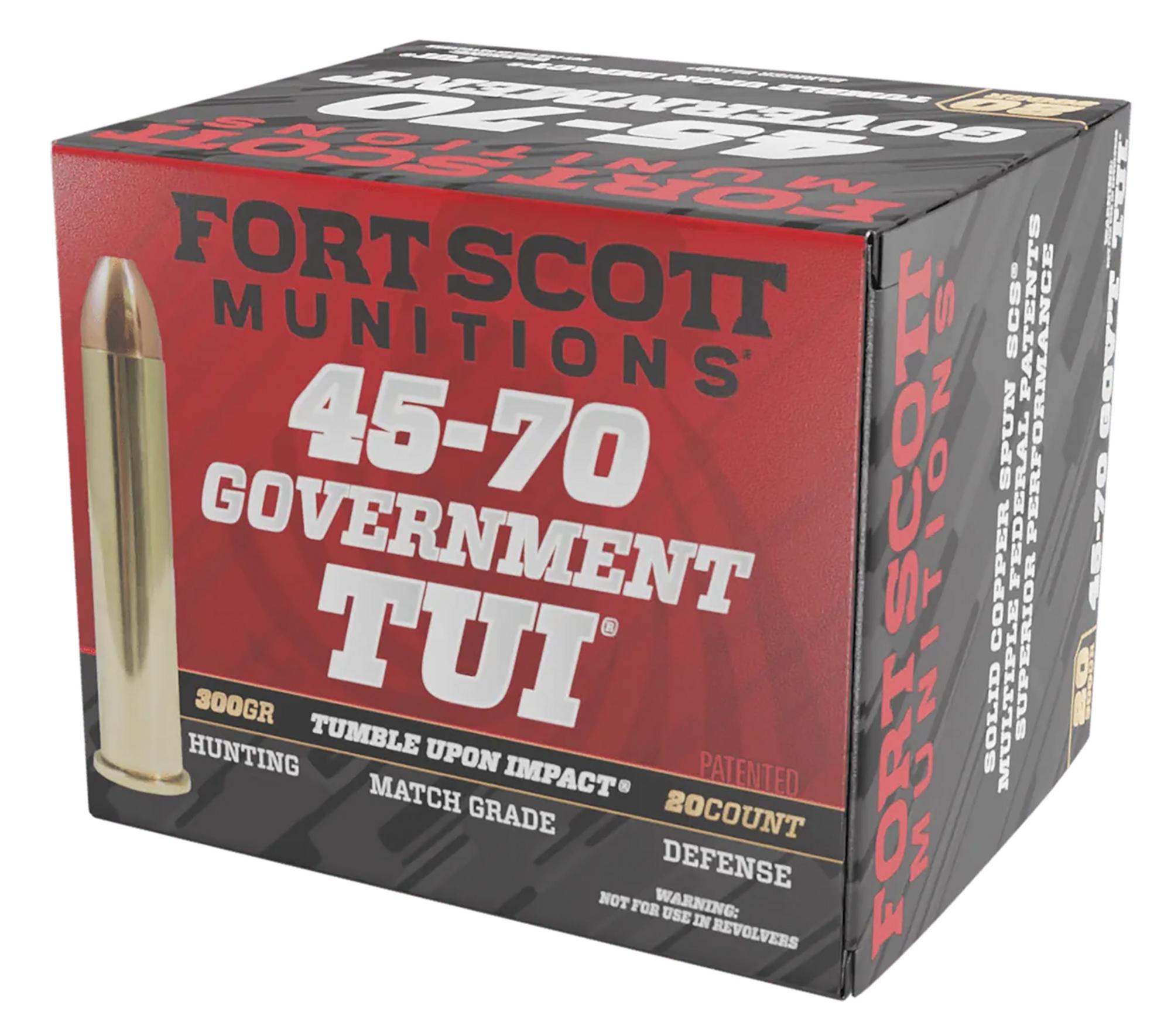 Fort Scott Munitions TUI Rifle Ammunition 4570300SCV1, 45-70 Gov, Solid Copper Spun, 300 gr, 1763 fps, 20 Rd/Bx