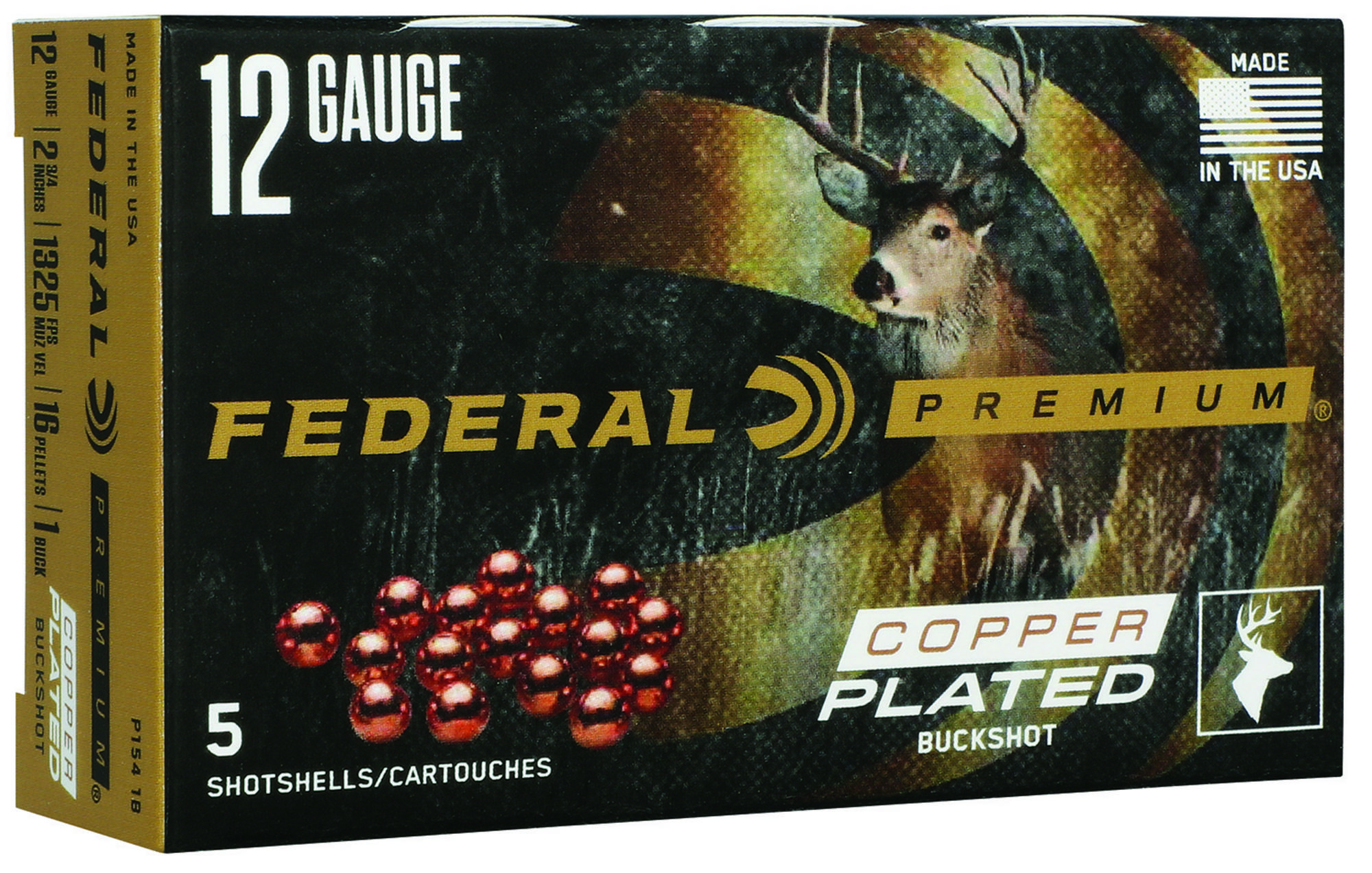 Federal Premium Copper Plated Buck Shotshells P1541B, 12 Gauge, 2-3/4", 16 Pellets, 1325 fps, #1 Buck, 5 Rds/box