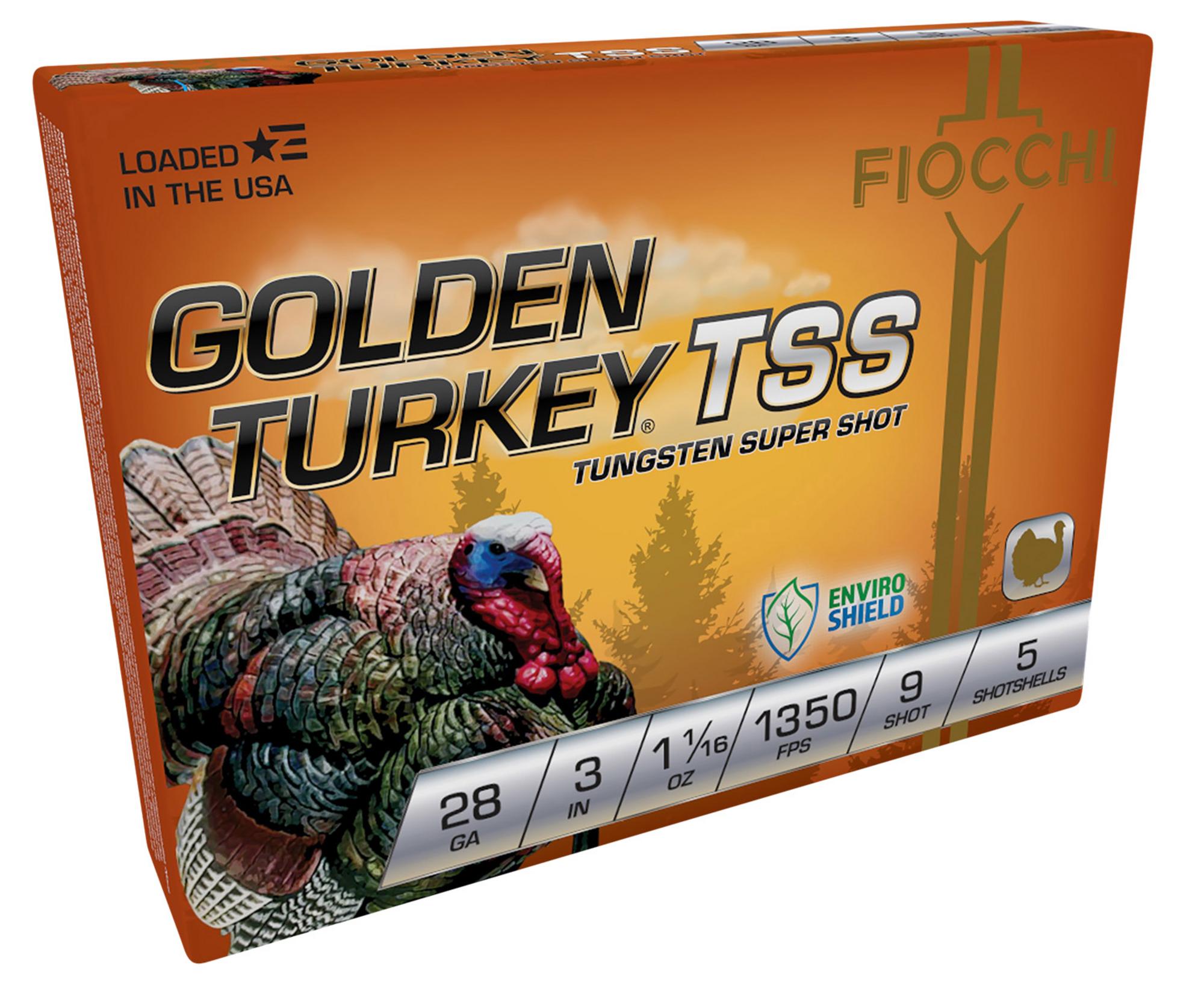 Fiocchi Golden Turkey TSS Shotshells 283TSS9, 28 Gauge, 3", 1 1/16 oz, 1350 fps, #9 Steel Shot, 5 Rds/box