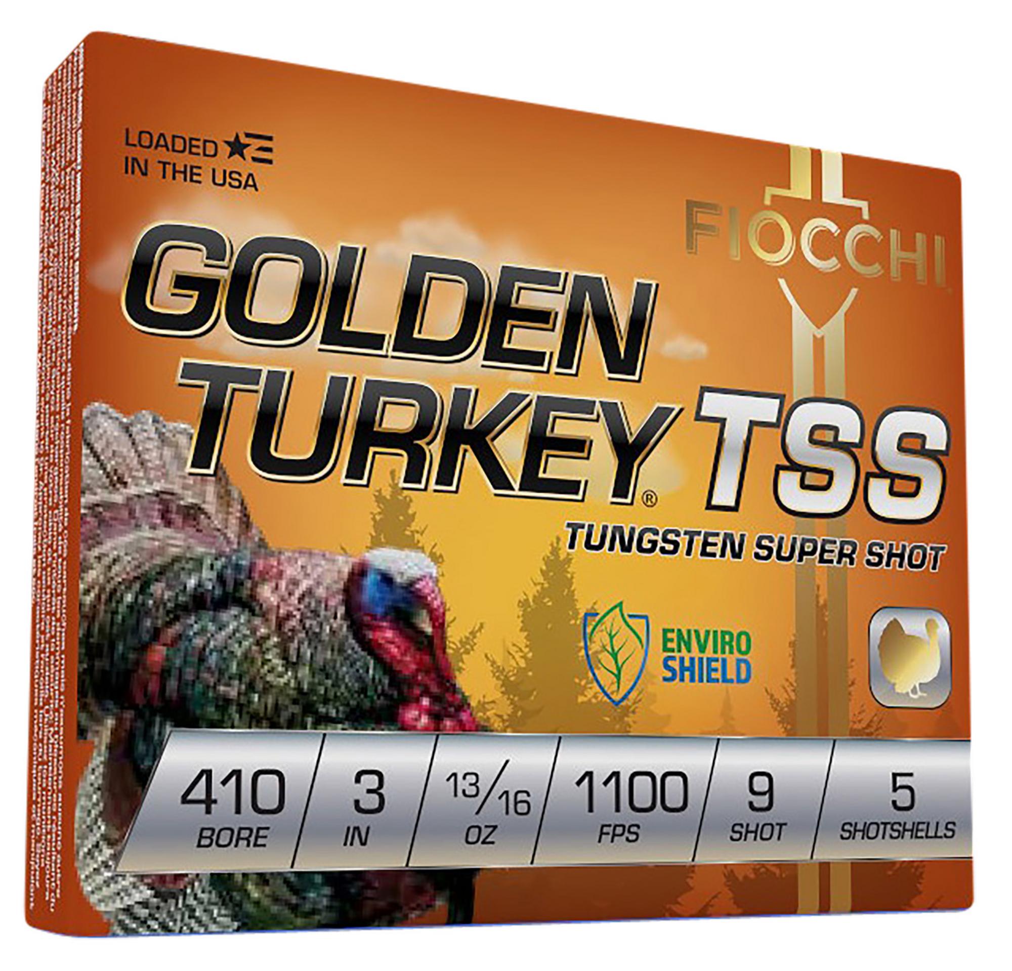 Fiocchi Golden Turkey TSS Shotshells 410TSS9, 410 Gauge, 3", 13/16 oz, 1100 fps, #9 Steel Shot, 5 Rds/box