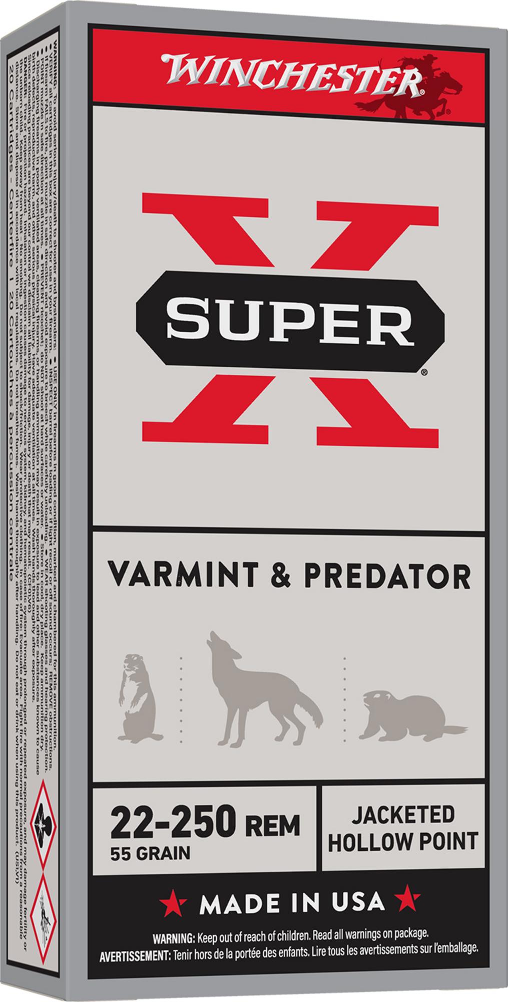 Winchester Super-X Rifle Ammunition X22250HP, 22-250 Rem, JHP, 55 gr, 20 Rd/Bx
