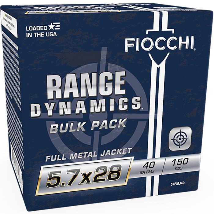 Fiocchi Range Dynamics Pistol Ammunition 57FMJ40, 5.7x28mm, Full Metal Jacket, 40 gr, 1700 fps, 150 Rd/Bx