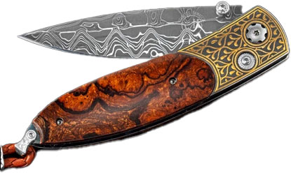 William Henry Monarch Gold & Iron II Folding Knive, Hornet's Nest Damascus Blade, Koftgari and Desert Ironwood Handle (B05GOLDIRONII)