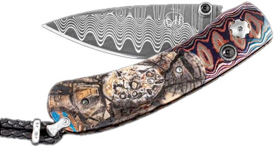 William Henry Kestrel Aura Folding Knife, Wave Damascus Blade, Wave Mokume and Fossil Mammoth Tooth Handle (B09AURA)