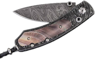 William Henry Kestrel Folding Knife, Damascus Blade, Blacklip Pearl Handle (B09SEYCHELLES)