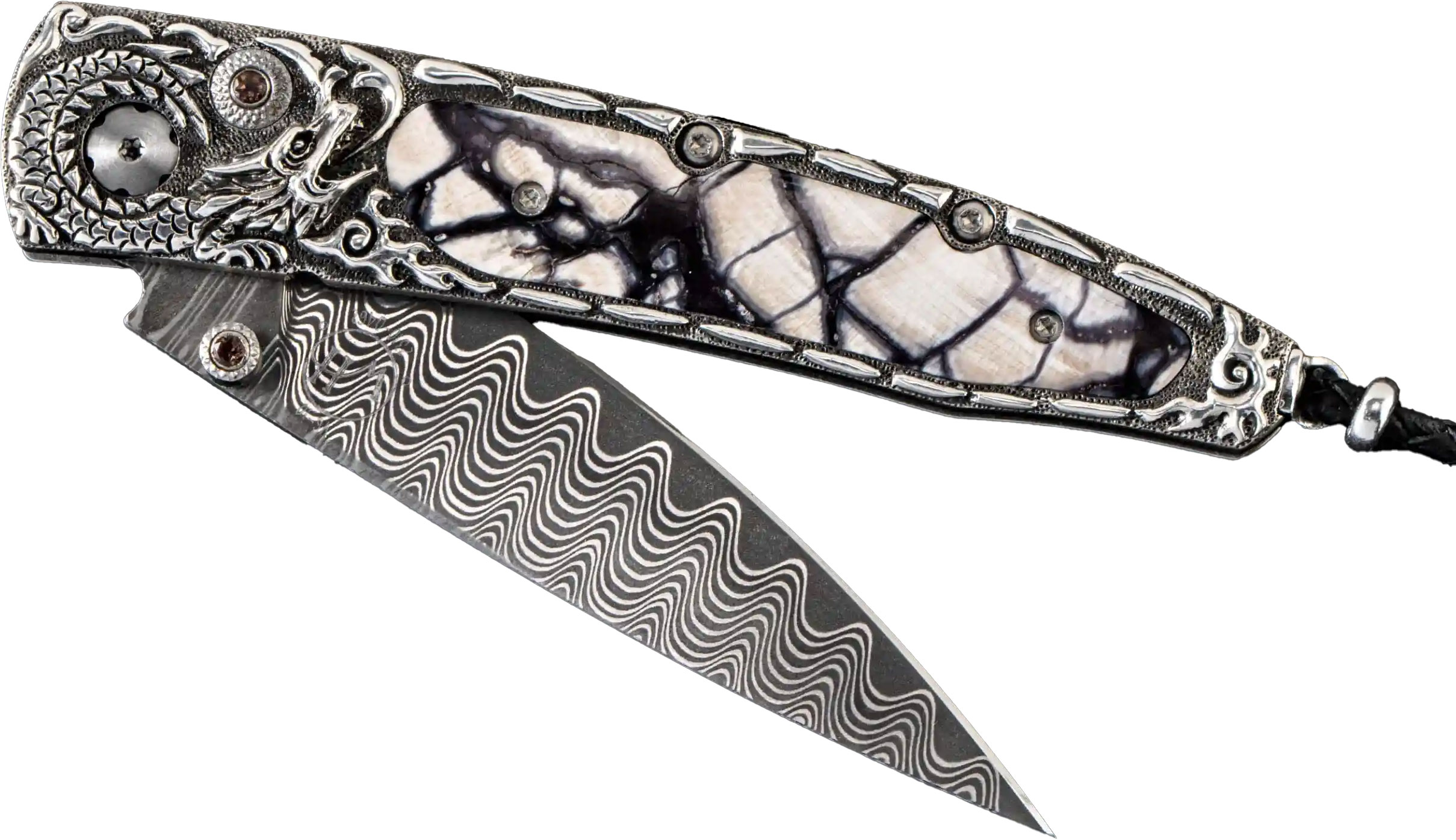 William Henry Lancet Dragon Song Folding Knife, Wave Damascus Blade, Carved Sterling Silver and Wooly Mammoth Tusk Handle (B10DRAGONSONG)