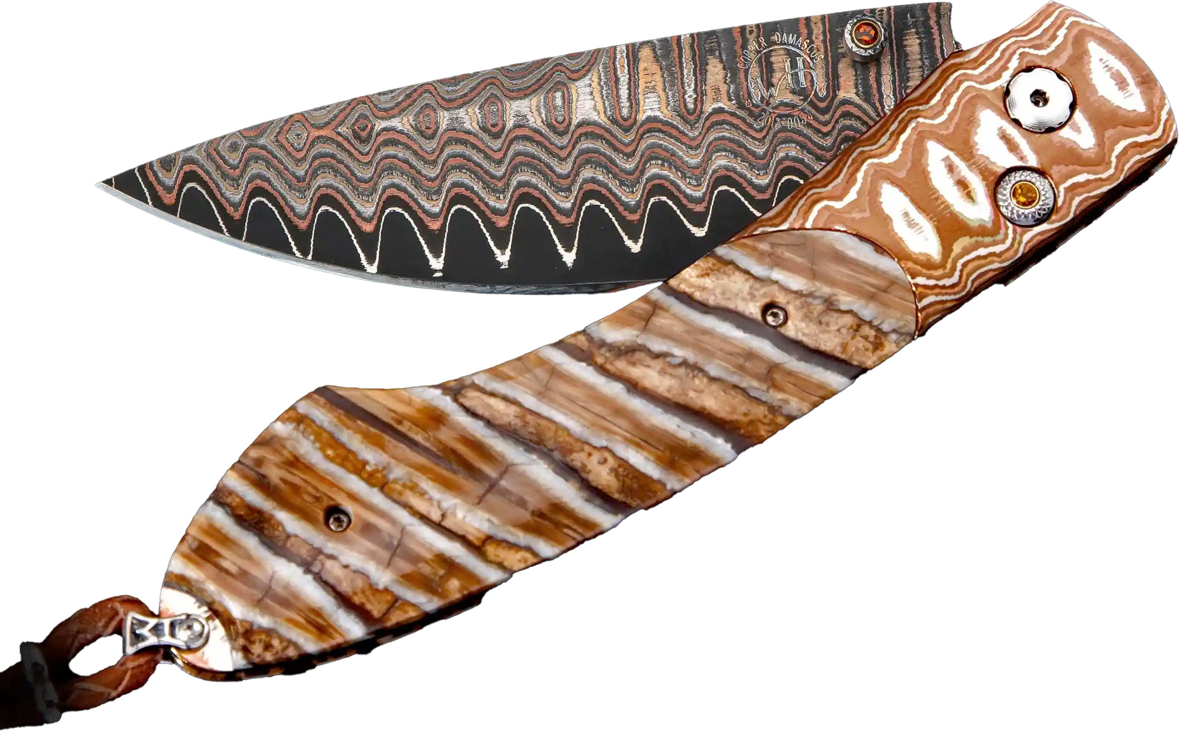 William Henry Spearpoint Amber Butte Folding Knife, Copper Wave Damascus Blade, Wave Mokume and Fossil Mammoth Handle (B12AMBERBUTTE)