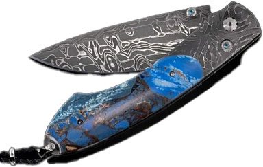 William Henry Spearpoint Blue Fusion Pocket Knife, Damascus Blade, Etched Damascus and Fossil Mammoth Tusk Handle (B12BLUEFUSION)