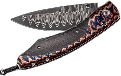 William Henry Spearpoint Midnight Sky Folding Knife, VG10 Damascus Blade, Wave Mokume and Carbon Fiber Handle (B12MIDNIGHTSKY)