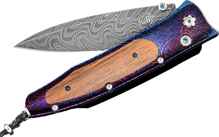 William Henry Gentac Hornblower Folding Knife, Damascus Blade, Etched Damascus and Oak Handle (B30HORNBLOWER)